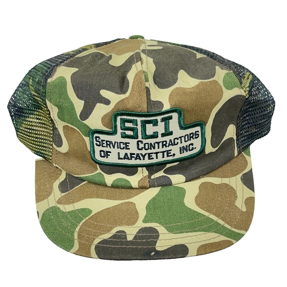 Vintage Camo Trucker Hat Cap Made In USA 80s 90s Army Military Mesh Patch SCI Z4